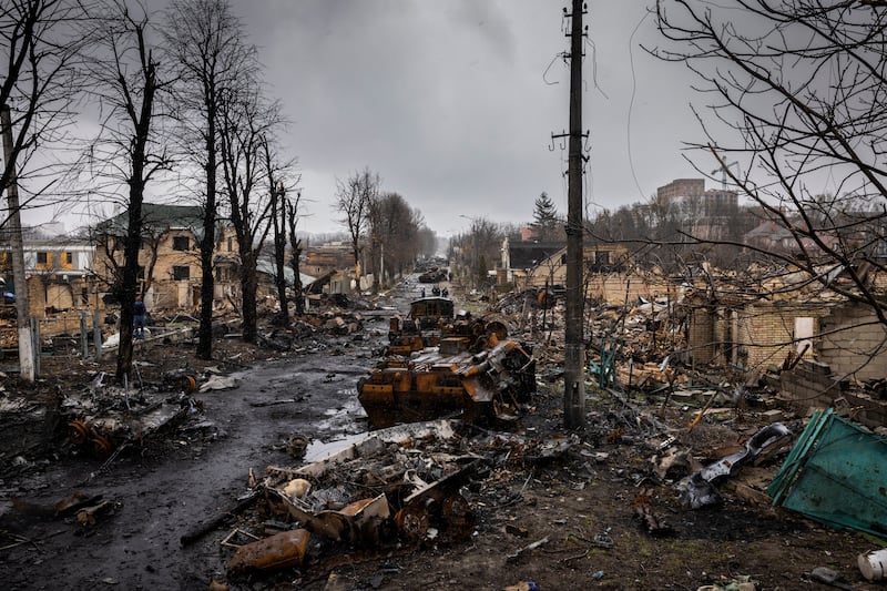 Damage in the streets of Bucha, Ukraine after Russian soldiers retreated, on April 3rd, 2022. Hours before Russian troops began withdrawing from the suburban town, a Russian soldier left a trail of blood and devastated lives in a last paroxysm of violence. Photograph: Ivor Prickett/The New York Times