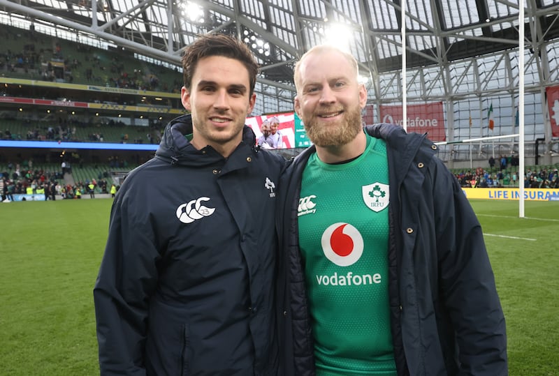 Ireland's Joey Carbery and Jeremy Loughman celebrate after their win against Fiji at Aviva Stadium, Dublin on November 12th, 2022. Photograph: Billy Stickland/Inpho