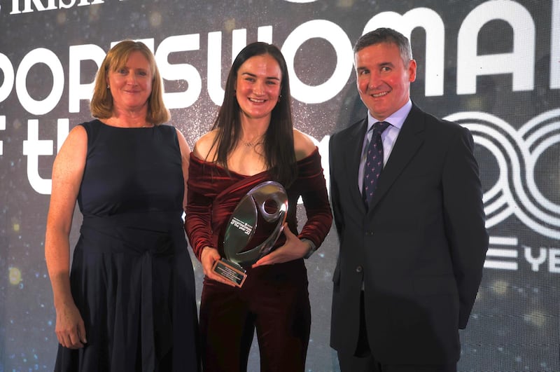 Kellie Harrington accepts the award at the Sportswoman of the Year awards. Photograph: Nick Bradshaw