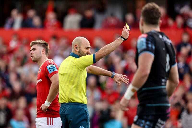 Referee Andrea Piardi shows a yellow card to Richie Gray of Glasgow Warriors against Munster. Photograph: Ben Brady/Inpho