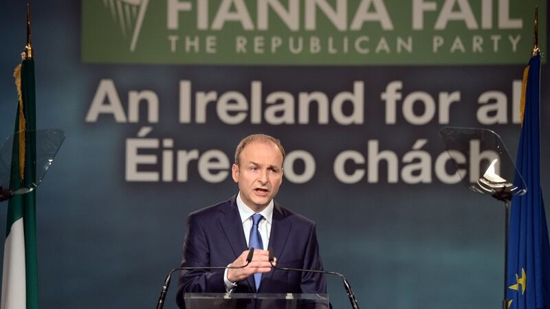 Party leader Micheál Martin addresses the Fianna Fáil ardfheis at Citywest in  Dublin on Saturday night. Photograph:Eric Luke/The Irish Times.