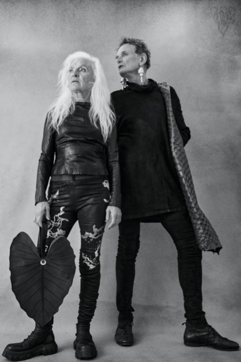 Olwen wears washed Japanese leather top, nubuck trousers with original artwork, natural Taro leaf bag (boots Rick Owens from Havana); Jobst wears a commissioned stretch nubuck top, suede trousers and pirarucu poacher's bag (shoes and jewellery from the Graeve Collection). Photograph: Eilish McCormick