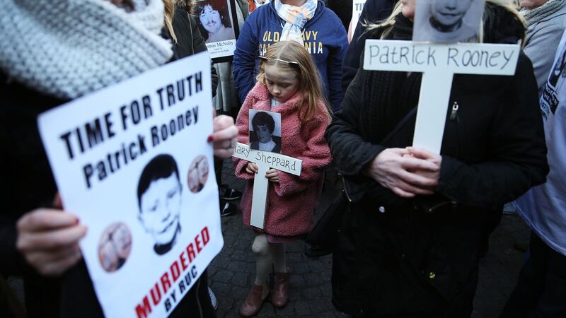 Meabh McConnell (8) whose great aunt Mary Sheppard was killed in 1974, as survivors, victims and relatives of those killed in Troubles-related incidents took part in the Time for Truth campaign’s march in Belfast. Photograph: Brian Lawless/PA Wire