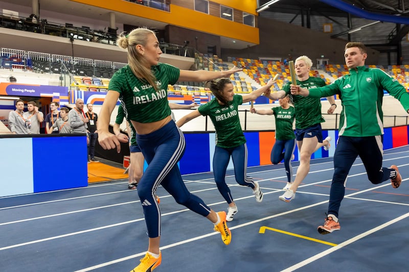 Sharlene Mawdsley, David Bosch, Phil Healy,  Lauren Cadden, Conor Kelly and Marcus Lawlor prepare for the Mixed 4x400m relay. Photograph: Morgan Treacy/Inpho