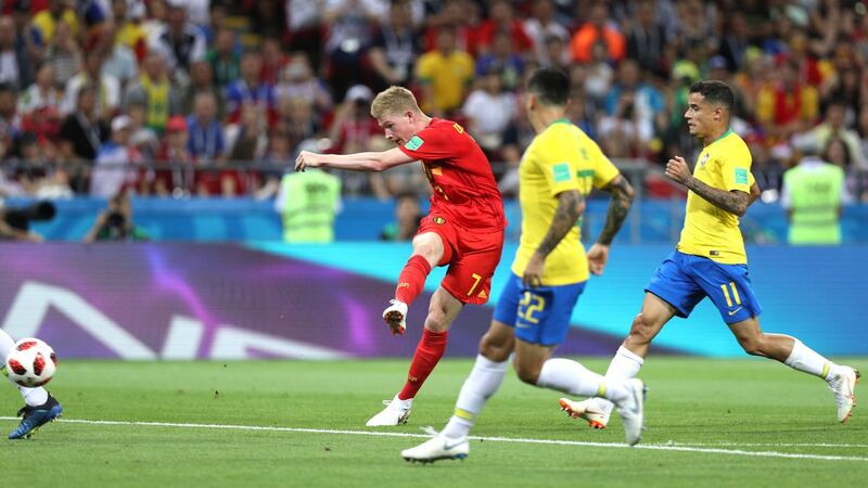 Kevin De Bruyne scores Belgium’s second goal against Brazil in Kazan. Photograph:  Buda Mendes/Getty