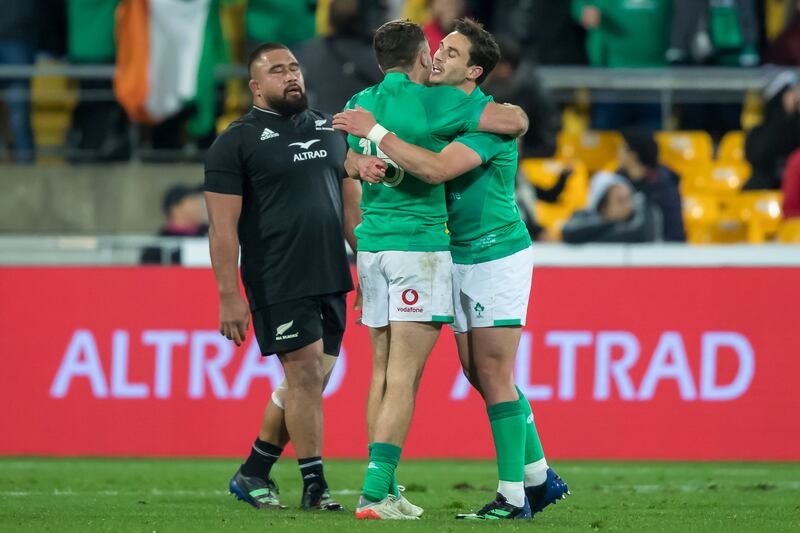 Ireland’s Hugo Keenan and Joey Carbery celebrate victory in new Zealand. 'Teams that win in New Zealand learn that the Kiwis are human ... the black jersey does not generate the force of a Jedi Knight.' Photograph: Aaron Gillions/Photosport.Inpho