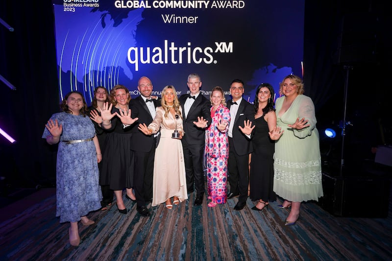 The Qualtrics team celebrate their win in the global community category at the American Chamber US-Ireland Business Awards.
Photograph: Chris Bellew/Fennell Photography