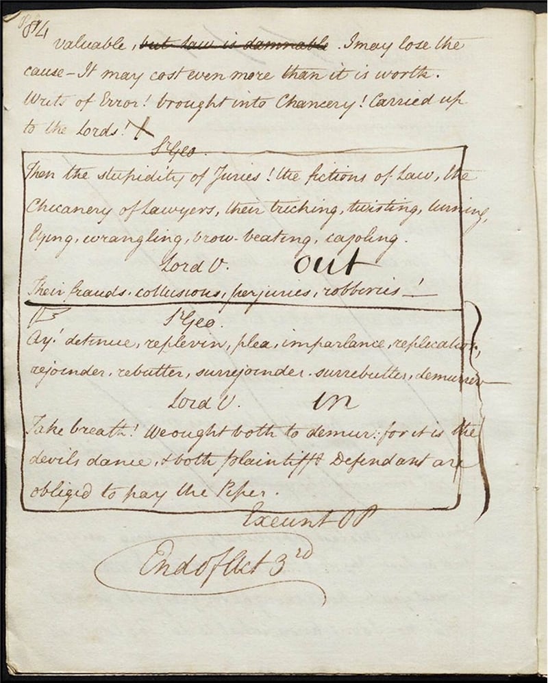 Example of robust censorial intervention into John O’Keeffe’s 1798 comedy She’s Much to Blame. The Huntington Library, San Marino, California.