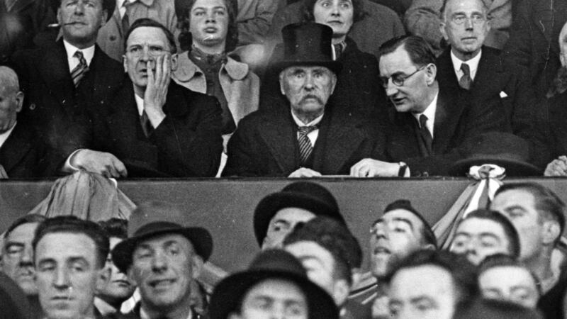 An Taoiseach Éamon de Valera with  President Douglas Hyde  as Ireland beat Poland 3-2  in Dalymount Park, Dublin, in 13 November 1938. Hyde’s attendance at this match saw him removed as patron of the GAA. Photograph: Getty Images