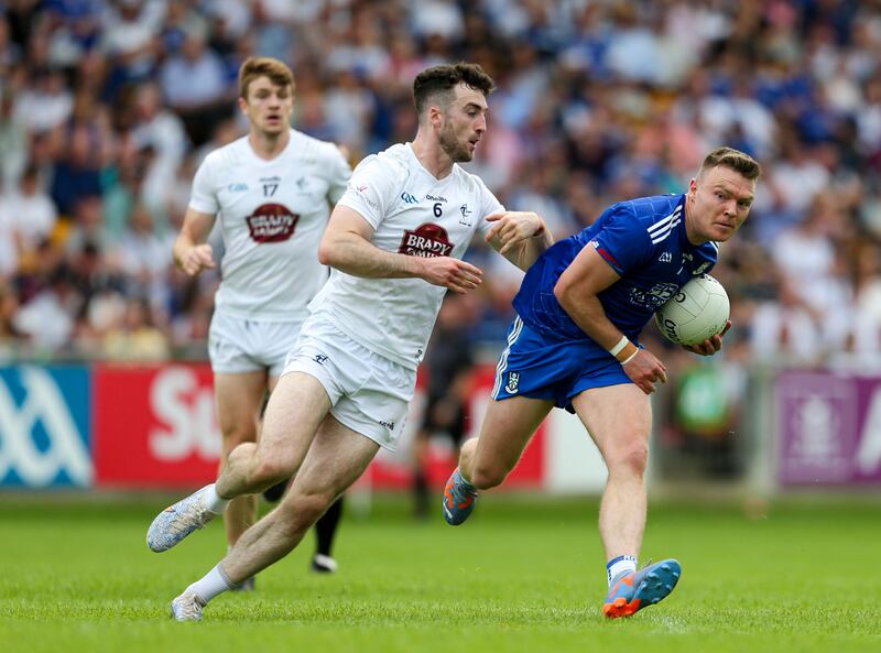 Monaghan's Conor McCarthy in action against Kildare's Kevin Flynn at Glenisk O'Connor Park, Tullamore, Co Offaly on June 24th. Photograph: Ken Sutton/Inpho