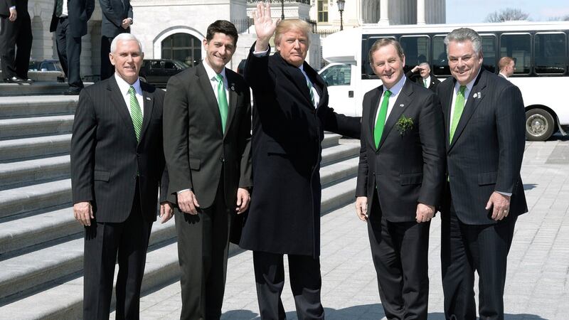 US president Donald  Trump and Taoiseach Enda Kenny, with Paul Ryan, Peter King and Mike Pence outside the US Capitol after the Friends of Ireland lunch. Photograph: Olivier Douliery