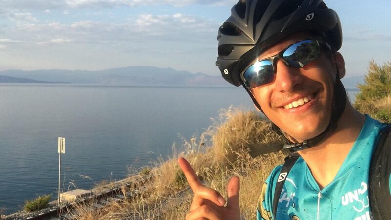 Greek student Kleon Papadimitriou near Patras, in the Peloponnese region of Greece, as he neared the end of his 48-day odyssey from Scotland to Greece. Photograph: Kleon Papadimitriou