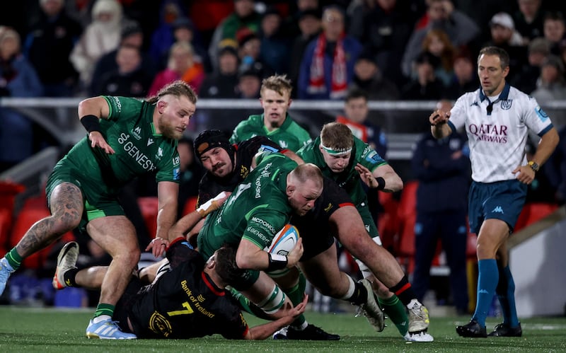 Connacht's Joe Joyce, Finlay Bealham and Sean O'Brien during their clash with Ulster at Kingspan Stadium, Belfast. Photograph: Ben Brady/Inpho