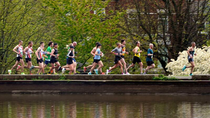 Runners in Waterworks Park during the 40th Belfast City Marathon. Photograph: Niall Carson/PA