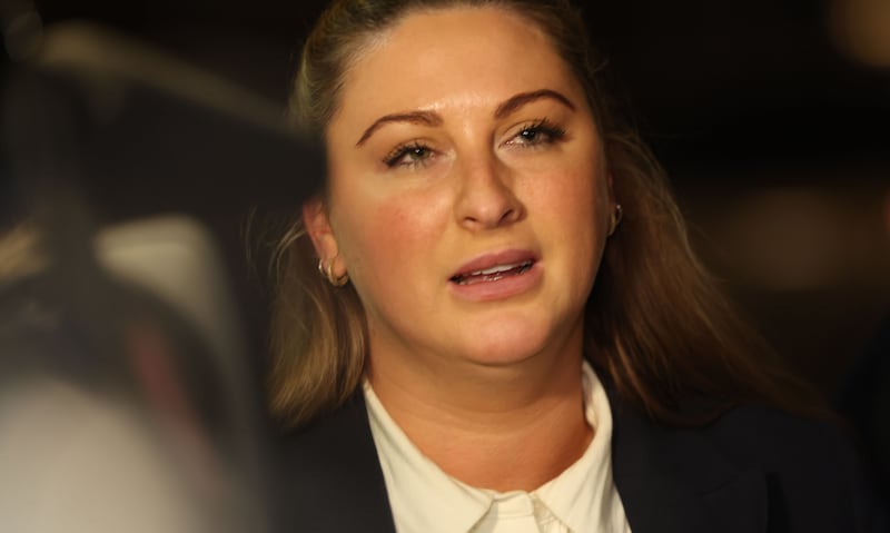 Nikita Hand speaking to media at the Four Courts after she won her civil case against Conor McGregor. Photograph: Alan Betson