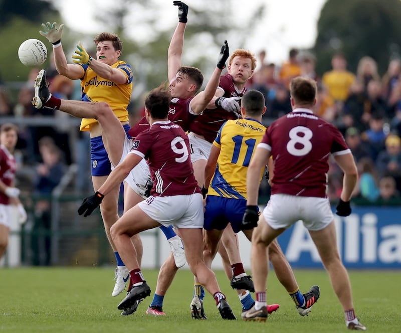 Roscommon’s Keith Doyle contests a kickout with John Maher, Matthew Tierney and Peter Cooke of Galway. Photograph: James Crombie/Inpho