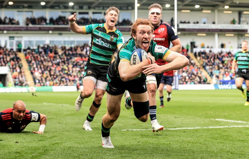 Northhampton Saints' George Hendy scores a try in the Champions Cup last 16 win over Munster at Franklin's Gardens. Photograph: Dan Sheridan/Inpho 