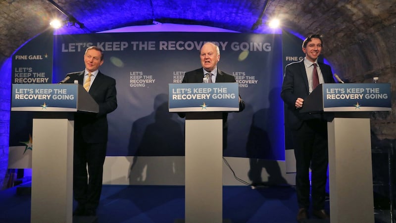 Taoiseach Enda Kenny and ministers, Simon Harris and Michael Noonan  at the publication of published Fine Gael’s Long Term Economic Plan. Picture Colin Keegan, Collins Dublin.