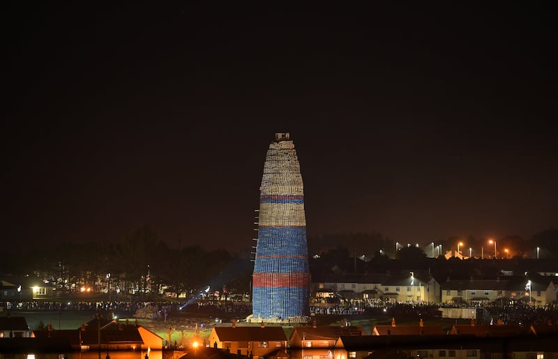 The completed bonfire which is claiming to be a new world record for structure height is lit on July 12th in Larne, Northern Ireland. Photograph: Charles McQuillan/Getty Images