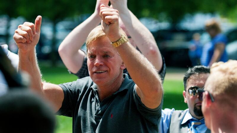 Former Louisiana State Representative David Duke arrives at  a white nationalist protest  in Charlottesville. Photograph: Shaban Athuman/Richmond Times-Dispatch via AP