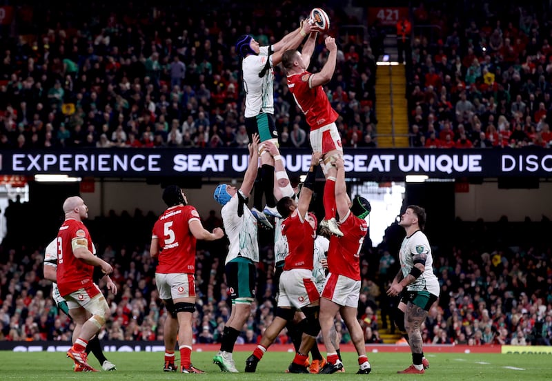 Ryan Baird rises high to compete for a lineout against Wales in Saturday's Six Nations encounter in Cardiff. Photograph: Ben Brady/Inpho