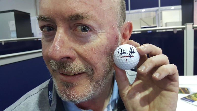 Philip Reid with the golf ball signed by Dustin Johnson after he was hit standing near the ninth green during the 2017 Open at Royal Birkdale.