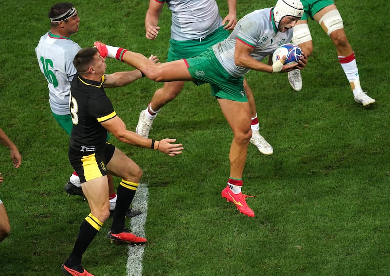 Portugal's Vincent Pinto kicks Wales's Josh Adams during their Rugby World Cup Pool C match at the Stade de Nice on Saturday. Photograph: David Davies/PA Wire