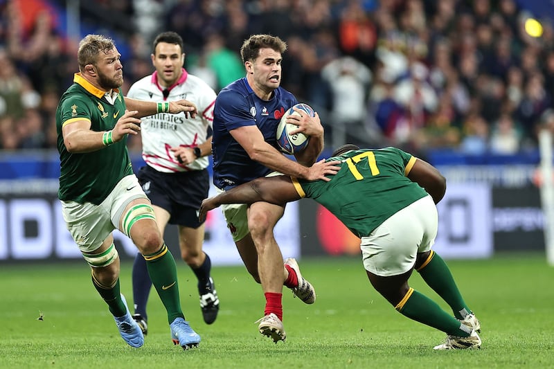 Damian Penaud during the 2023 World Cup quarter-final between France and South Africa at the Stade de France, Paris, on October 15th, 2023. Photograph: Franck Fife/AFP