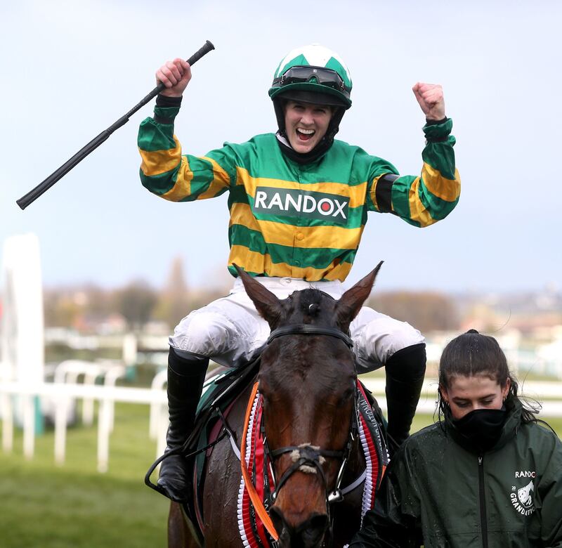 Blackmore celebrating winning the Randox Grand National Handicap Chase on Minella Times. Photograph: David Davies/Jockey Club/PA Wire