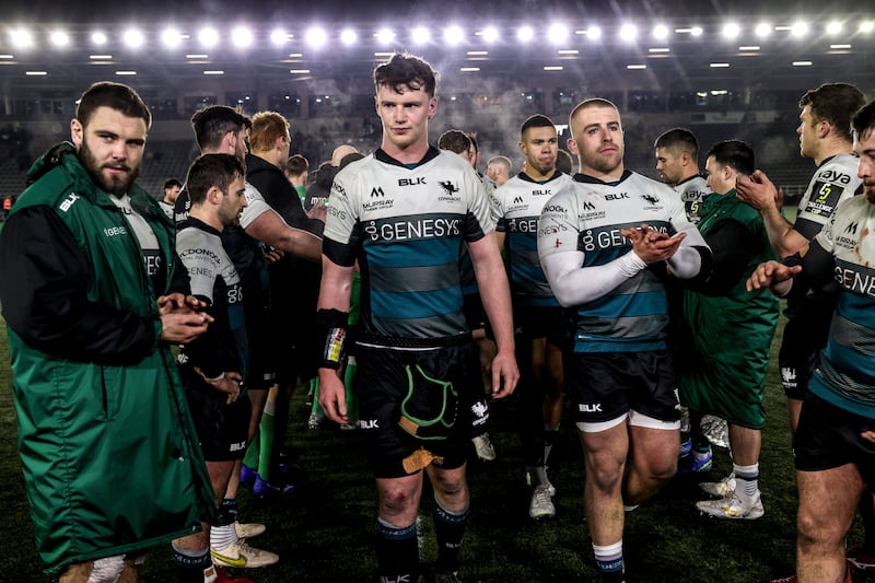 Connacht's Niall Murray and Jordan Duggan dejected after the game against Newcastle. Photograph: Tom Maher/Inpho