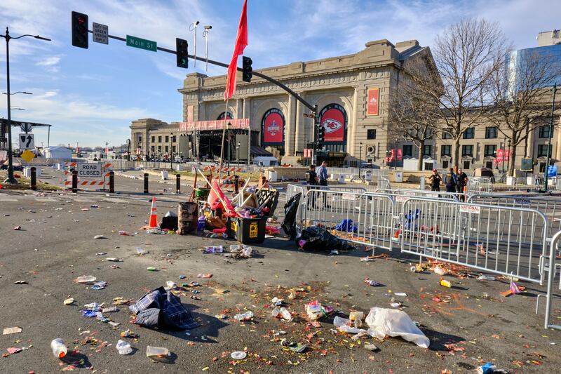 Debris near the scene where shots were fired near the Kansas City Super Bowl parade. Photograph: Dominick Williams/The New York Times
                      