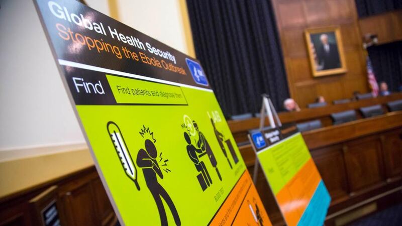 US Centers for Disease Control and Prevention (CDC) educational materials are displayed yesterday at a hearing of a House Foreign Affairs subcommittee about the Ebola crisis in west Africa. Photograph: Jonathan Ernst/Reuters