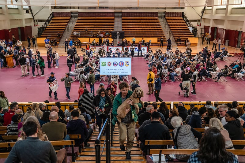 A community meeting where officials gave updates and answered questions about the Eaton fire, at Pasadena City College in California. Photograph: Ariana Drehsler/The New York Times
                      