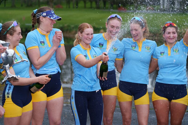 The UCD senior women’s eight celebrate winning the Corcoran Cup. Photograph: Barry Cronin