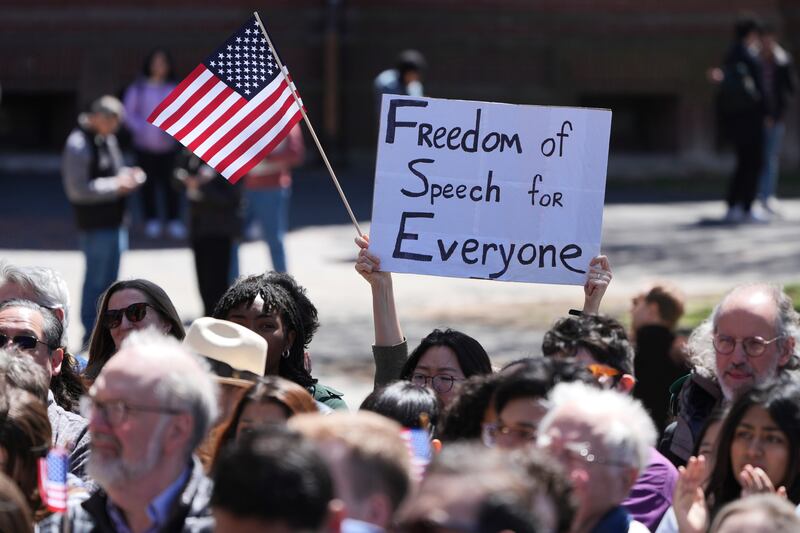 Students, faculty and members of the Harvard University community rally. Photograph: Charles Krupa/AP