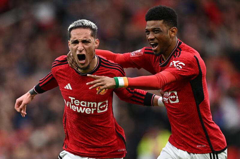 Manchester United's Antony after scoring. Photograph: Paul Ellis/AFP via Getty