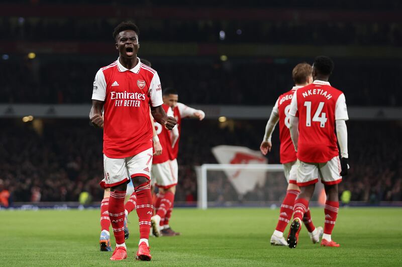 Arsenal's Bukayo Saka: Arteta has basically played the same team since the 6-0 defeat of Lens, with a Havertz/Rice/Ødegaard midfield plus Saka/Jesus/Martinelli in attack. Photograph: Julian Finney/Getty Images