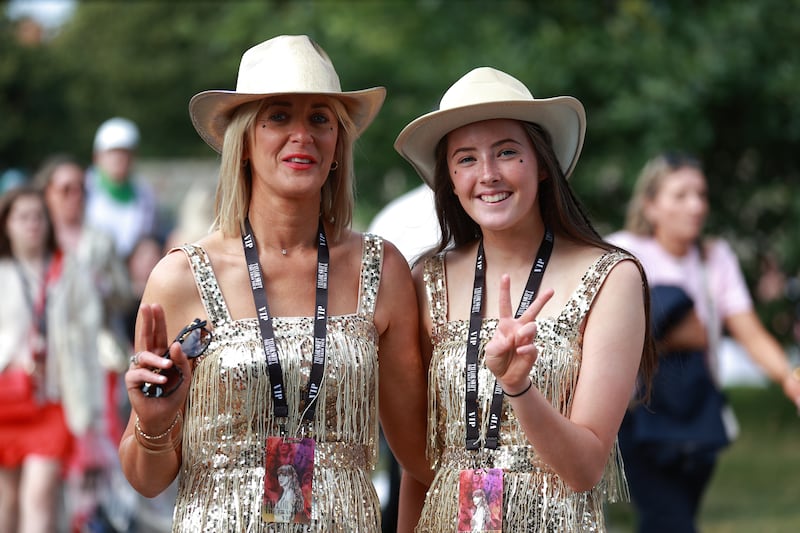 Eirinn McKiernan with daughter Mai Donohoe from Cavan before watching Taylor Swift performing on stage at the Aviva Stadium in Dublin on Friday. Photograph: Liam McBurney/PA Wire