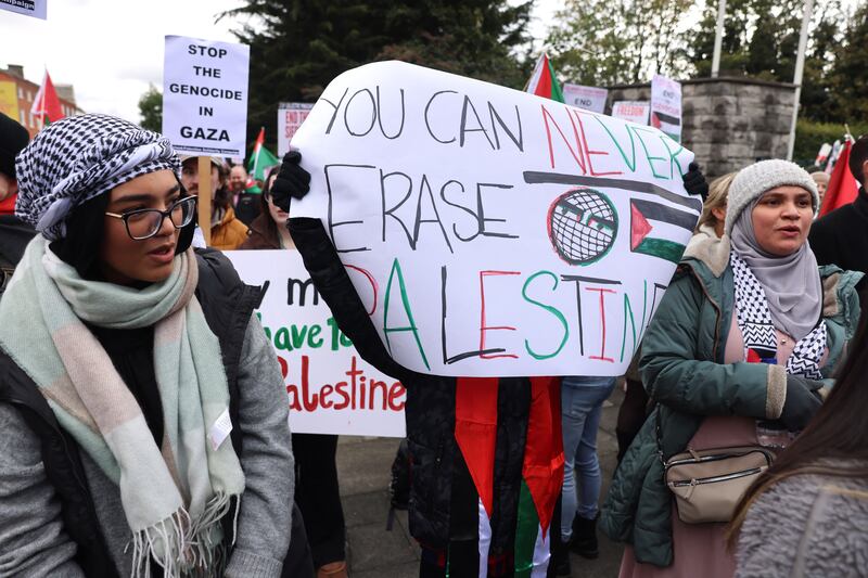 One of multiple banners at the demonstration. Photograph: Dara Mac Dónaill/The Irish Times