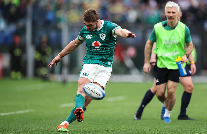 Jack Crowley misses a conversion during the game against Italy. Photograph: Billy Stickland/Inpho