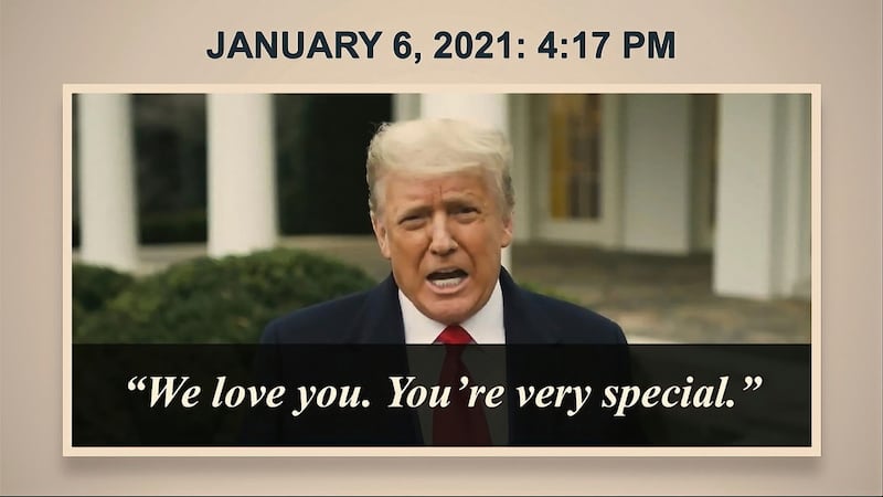 A clip from a speech Donald Trump made during the January 6th riots. Photograph: Senate Television via AP