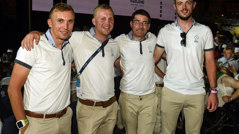 Team Ireland tandem cyclists (l-r)  Marcin Mizgajski, Peter Ryan, Damien Vereker and Sean Hahessy, at the Rio 2016 Paralympic Games. Photograph:  Diarmuid Greene/Sportsfile via Getty Images