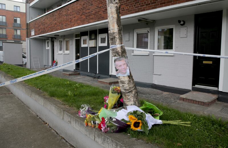 Flowers and a photo of Anthony Dempsey at Kevin Barry House. Photograph: Gareth Chaney/Collins Photos