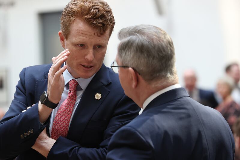 US special envoy for Northern Ireland Joe Kennedy (left) and Sir Jeffery Donaldson, leader of the DUP, talk ahead of a speech by US president Joe Biden at Ulster University in Belfast. Photograph: Liam McBurney/PA