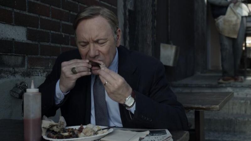 Frank Underwood, the Machiavellian politician in the Netflix drama House of Cards, demolishing a breakfast rack of ribs at Freddy’s BBQ Joint