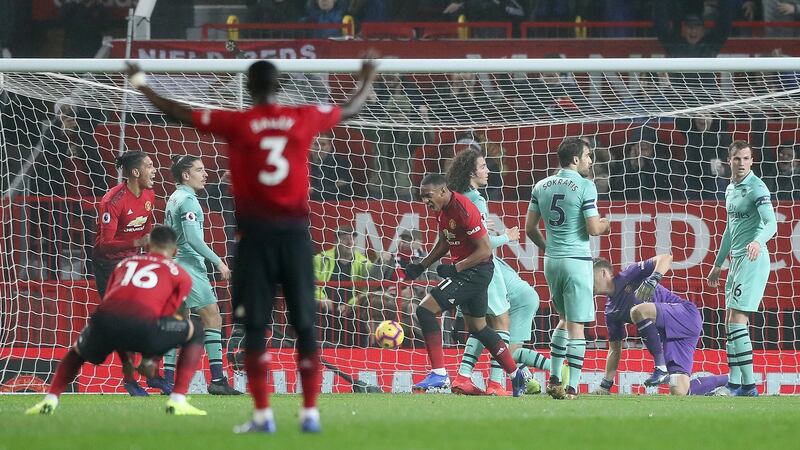 Anthony Martial celebrates United’s first equaliser. Photo: Martin Rickett/PA Wire