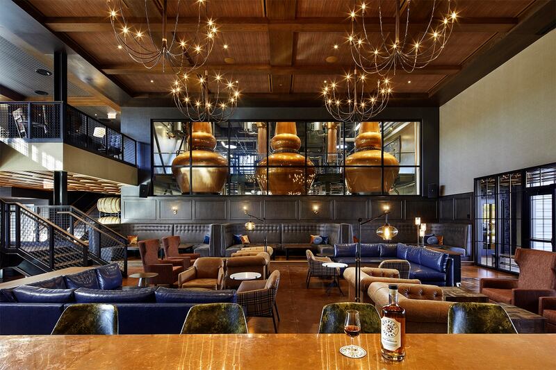 The three copper pot stills, visible from the on-site bar in O’Shaughnessy Distilling Co, Minneapolis, USA, where Keeper’s Heart Irish American Whiskey was created