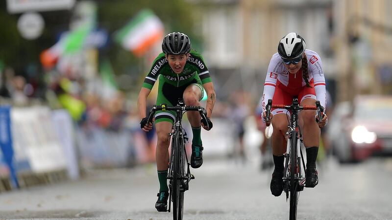 Maeve Gallagher competing in the World Cycling Championships in Harrogate in Yorkshire, where she endured a nasty crash inside the final 500 metres. Photograph:  Justin Setterfield/Getty Images