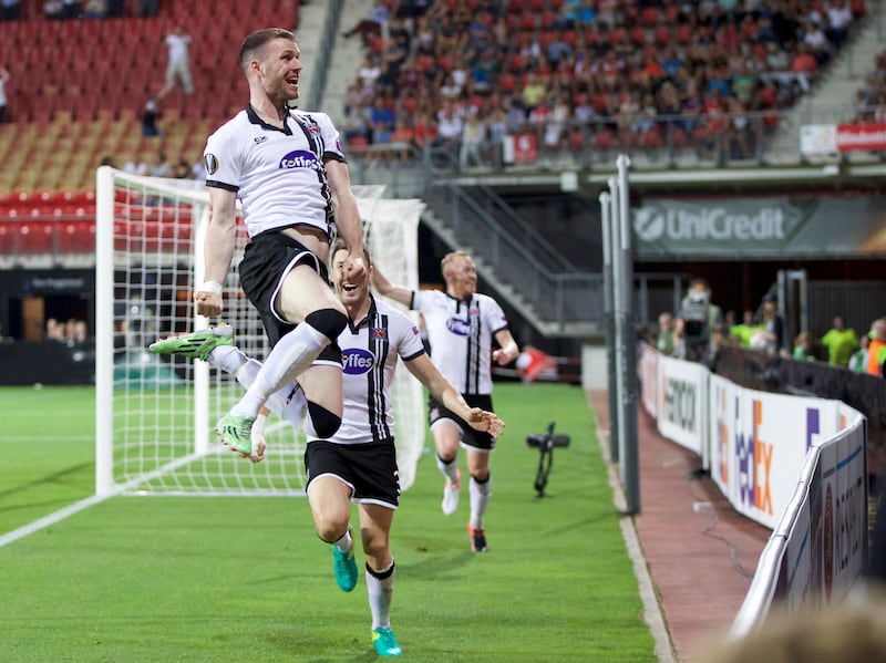 Dundalk's Ciaran Kilduff celebrates scoring the equaliser against AZ Alkmaar which earned Dundalk a 1-1 draw in the 2016 Europa League clash at the AFAS Stadion, Alkmaar, Netherlands. Photograph: Karel Delvoije/Inpho