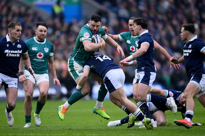 Ireland's Robbie Henshaw is tackled by Darcy Graham of Scotland during the Six Nations match at Murrayfield. Photograph: Stu Forster/Getty Images